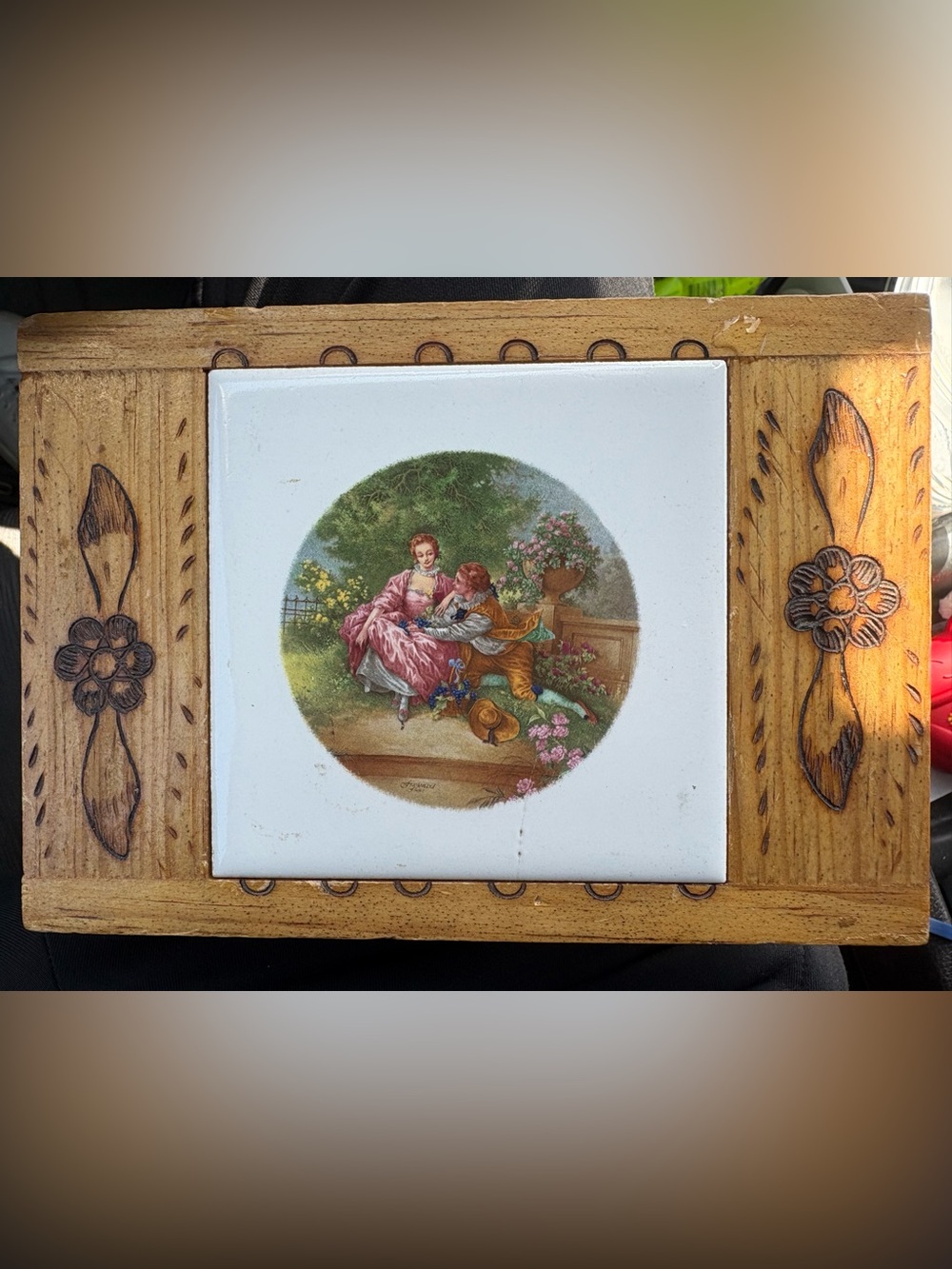 Romantic Garden Scene Ceramic Tile Wall Art in Pink and Green jewelry box